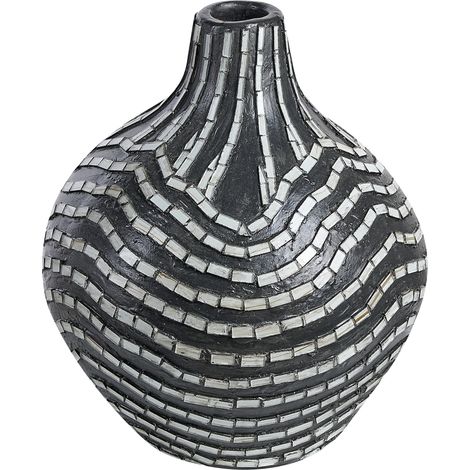 Jarrón de terracota negro blanco 35 cm hecho a mano patrón a rayas Kualu