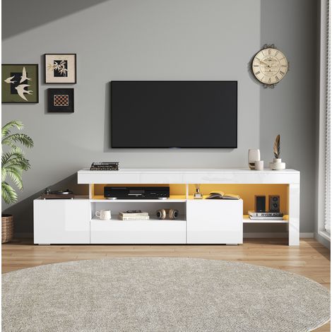Mueble TV 192x37x53 cm blanco en tablero de partículas con LED, alto brillo y 3 puertas (1/5)