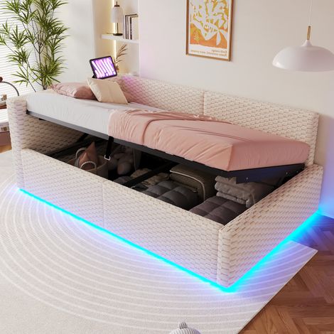 Polsterbett 90 x 200 cm, mit LED-Beleuchtung, Tape-C und zwei USB-Anschlüssen, L-förmiger weicher Rückenlehne, Samtstoff, Hydraulischem Bettgestell, Beige(Matratze nicht im Lieferumfang enthalten)