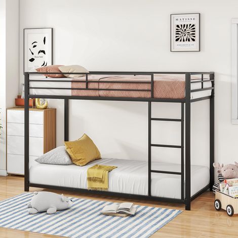 Metall Etagenbett 90x200 cm, Hochbett mit Treppe und Lattenrost, stabiles Kinderbett Metall Schwarz