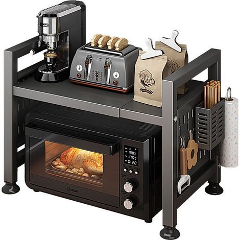Support micro-ondes extensible multifonction cuisine gris foncé avec double étagère et 6 crochets