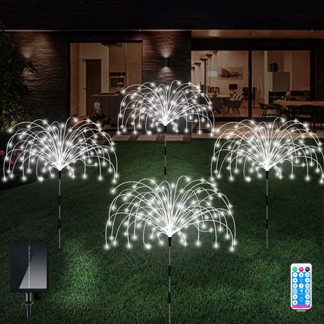 Lot de 4 feux d'artifice solaires de jardin 120 LED, piquet décoratif avec télécommande, lumière de paysage 8 modes (blanc froid) (1/5)
