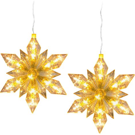LED Schneeflocke zum Hängen 23 cm mit Timer - 2er Set - Weihnachtsstern warm weiß beleuchtet Batterie betrieben - Stern für Weihnachten Advent Winter Fenster Deko