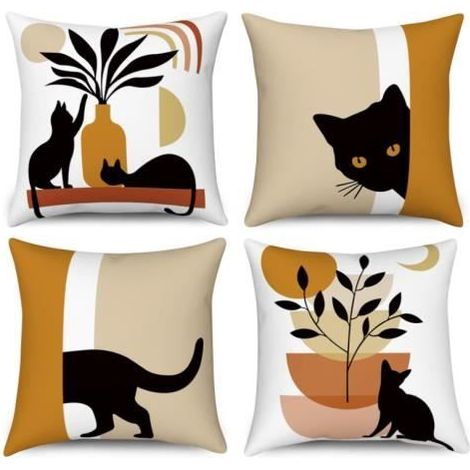 Boho-Kissenbezug – Set mit 4 Stück – Abstraktes Motiv mit schwarzer Katze und Pflanzen, Sonne-Mond – 40x40 cm
