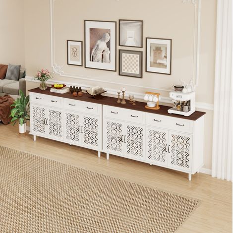 Buffet en panneaux de particules blanc avec 4 portes sculptées et 2 tiroirs, tablettes réglables (1/5)