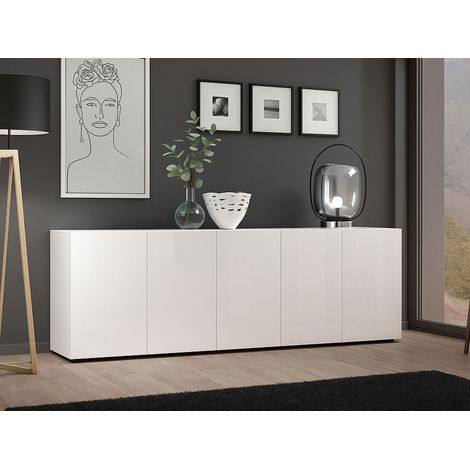 Credenza Macaria, Madia 3 Ripiani, 6 Vani Made in Italy, 38x225x79h cm Bianco Lucido