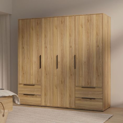 Armoire de chambre - Décor Chene - 4 portes battantes + 4 tiroirs - L205,9 x P59 x H200,1 cm - ORKNEY