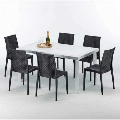 Tavolo Rettangolare Bianco 150x90 cm con 6 Sedie Colorate Bistrot Summerlife - Nero
