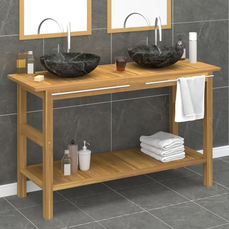 Armoire de salle de bain et lavabos  Meuble bas de salle de bain en marbre noir Teck massif 64679 (1/5)