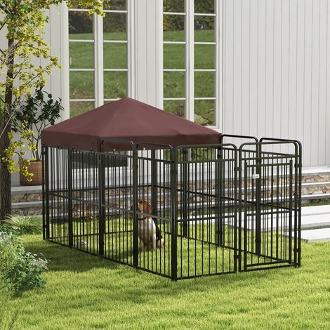 Enclos pour Chien Extérieur Métal avec Toit, 282x141x160.5cm, Marron, Parc de Jardin pour Animaux, Abri Robuste (1/5)