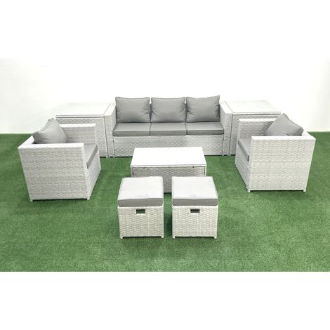 Fimous 7 places Salon de jardin avec Canapé 3 places 2 Chaise Table basse rectangulaire 2 Petits tabourets 2 Tables d'appoint Gris clair mixte (1/4)