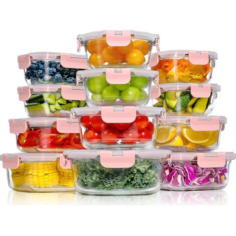 Boite Alimentaire Verre avec Couvercle Hermétique - Lot de 12 Lunch Box Verre Réutilisables, Sans BPA, Compatibles Micro-ondes, Four, Lave-vaisselle, Congélateur, Rose (1/5)