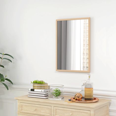 HOMCOM Miroir Mural Rectangulaire 50x70cm - Cadre en Bois Naturel, Idéal pour Salle de Bain, Salon & Chambre