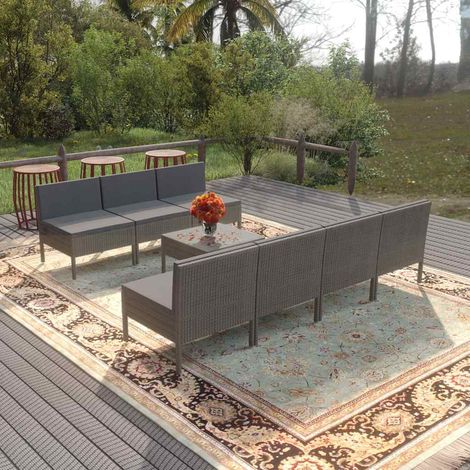 Salon de jardin 8 pcs Ensemble Table et Chaise de Jardin - avec coussins Résine tressée Gris BV478019 - BonneVie (1/5)