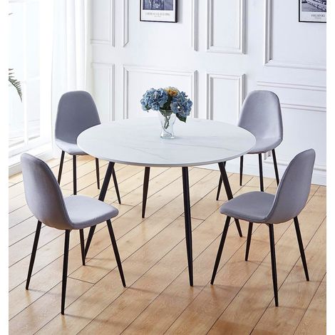 Hallowood Furniture Cullompton Large Dining Table and Chairs Set 4, White Marble Effect Top Round Table and Chairs Upholstered in Grey Fabric Chairs with Black Metal Legs for Home and Cafes (1/5)