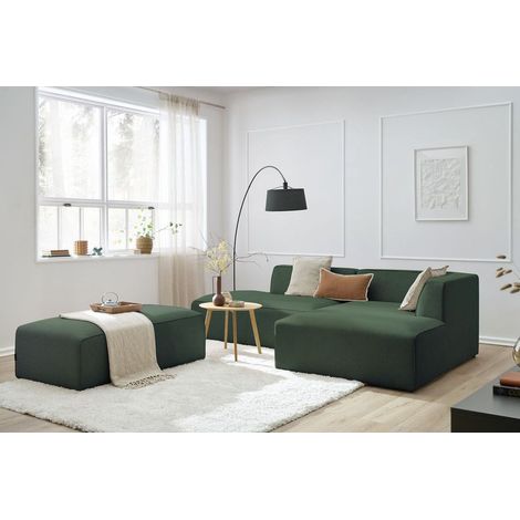 BOBOCHIC - Canapé d'angle fixe modulable MEGEVE tissu chiné avec pouf Angle droit  Vert (1/5)