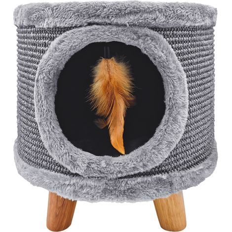 Tiragraffi solido per gatti, cuccia, casetta con piuma e lettino 38 cm