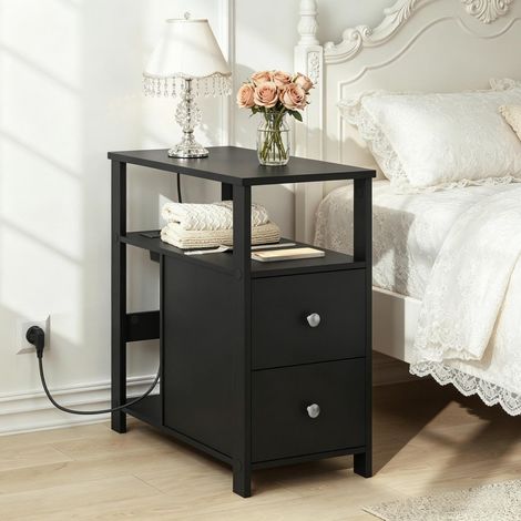 Table d'appoint - 60x30x60 cm - Prises USB station de charge 2 tiroirs étagères de rangement bout de canape salon - Noir (1/5)