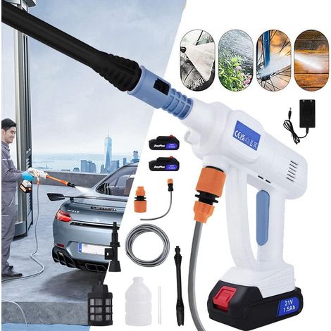 Nettoyeur haute pression sans fil portable Jet eau lavage voiture nettoyant Pistolet Ensemble Avec 2x Batteries Li-Ion, chargeur, buse réglable, Accessoires, 2 raccords rapides et tuyau 5m