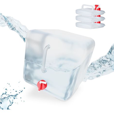 Relaxdays Lot de 4 bidons pliables 20 L, robinet, bouchon vissé, poignée, bidon eau camping, sans BPA, transparent/rouge