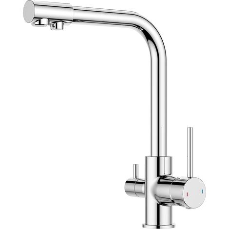 Robinet Cuisine, Mitigeur Cuisine 3 Voies à Deux Poignées avec Bec Verseur D'eau Potable et Pivotant à 360°, Chrome Poli (1/5)