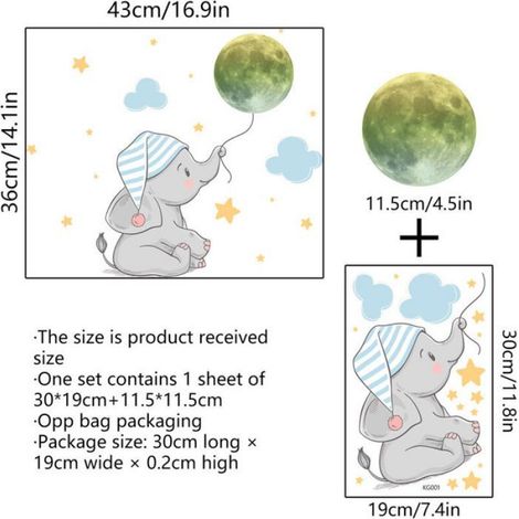 Sticker Mural Éléphant - Fluorescent Phosphorescent - Pour Chambre Enfant - Auto-Adhésif PVC - 12 Pièces (1/5)