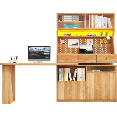 Armoire haute avec bureau intégré et meuble bar avec éclairage LED, portes en verre, MDF marron naturel, 137x74x178cm (1/5)