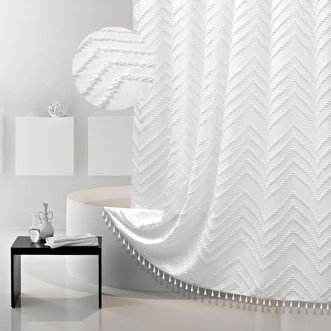 183 x 183 cm, Blanc Rideau de Douche en Tissu tissé à Pampilles de Style Rustique Moderne texturé touffeté Chevron rayé Minimaliste pour Salle (1/5)