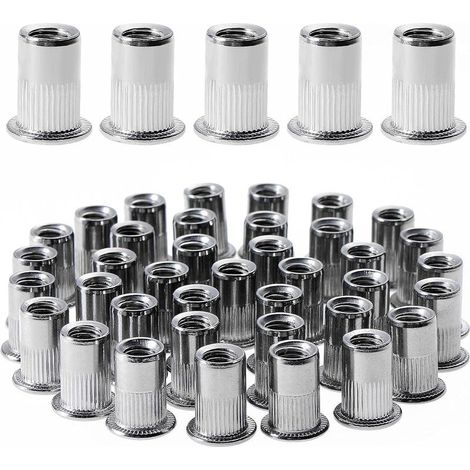 100 pièces M6 écrou à rivet fileté à tête plate,écrous à riveter fileter en acier inoxydable,assortiment inserts filetés pour mental plastique (12 mm × 15 mm) (1/5)