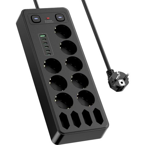 Multiprise européenne avec ports USB et USB-C, protection contre les surcharges, 18 prises, 1 port USB, 5 ports USB-C, câble de 1,8 m, noire (1/5)