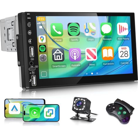 Autoradio 1 Din Carplay sans Fil Android Auto, Écran Tactile de 7 Pouces 1 Din Bluetooth Poste Radio Voiture avec Lecture Vidéo en Ligne, Radio FM, EQ, SWC, Mirror Link, USB/Type-C+ Caméra (1/5)