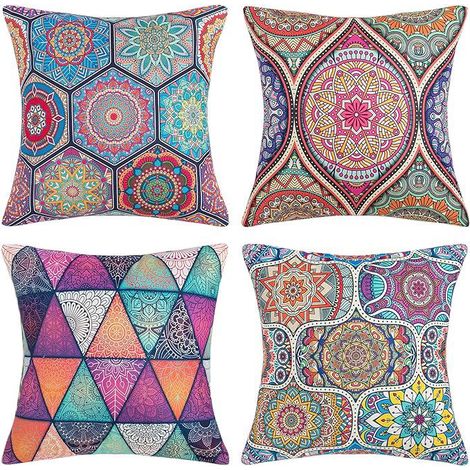 Lot de 4 Taies de Coussin Décoratives 45x45cm, Housses d'Oreiller Modernes Style Bohème Mandala, Coton Lin, pour Canapé, Lit, Fauteuil, Voiture, Chambre, Décoration Intérieure (18x18 pouces) (1/5)
