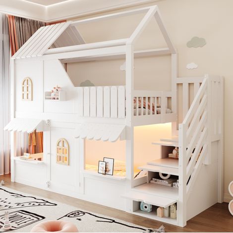Cama litera infantil con forma de casa 90 x 200 cm blanca con escalera contenedor, LED y estantes (1/5)