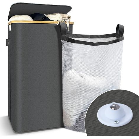 Vounot – Panier à linge pliable 100L avec roulettes – Sac amovible et couvercle – Cadre en bambou – Tissu imperméable et respirant