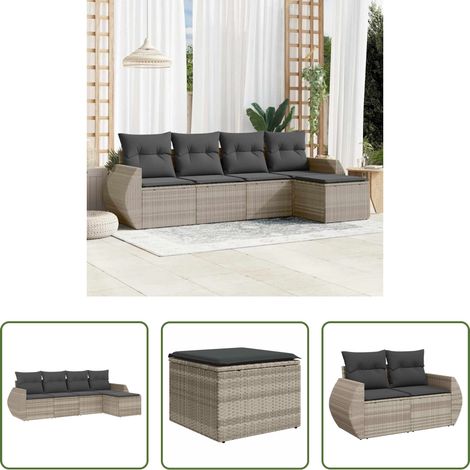 vidaXL Rattanmöbel - 5-tlg. Garten-Sofagarnitur mit Kissen Hellgrau Poly Rattan (1/5)