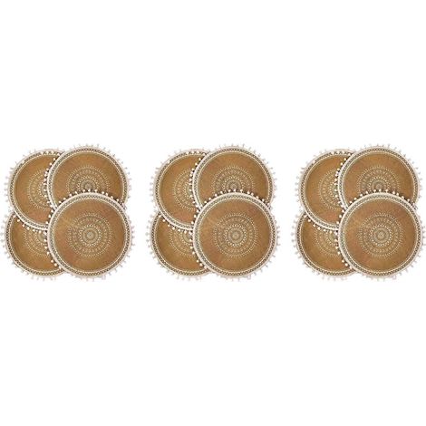 Ensemble de 12 sets de table ronds en jute tissé style bohème avec pompons pour la décoration de la table de la salle à manger ou de la cuisine (boule blanche) (1/5)