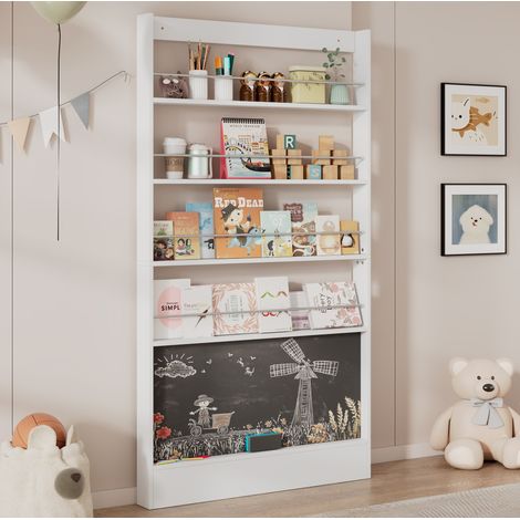 Estantería infantil para libros 100x10x180 cm blanca de MDF y metal con 4 niveles, pizarra y fijación mural (1/5)