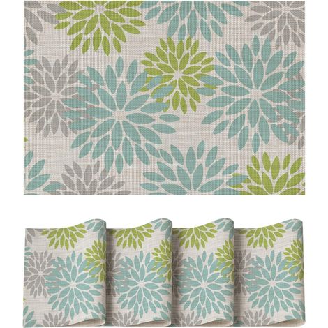 Lot de 4 sets de table PVC 30x45cm, motifs dahlias vertes, résistants saleté et chaleur. (1/5)