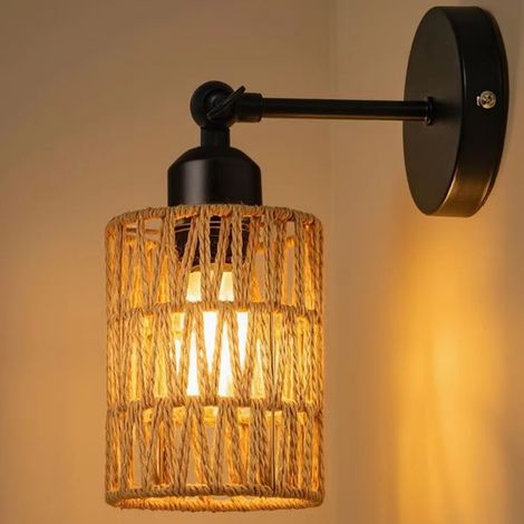 Applique murale rétro rotin tressé sans ampoule – lampe de chevet corde de chanvre E27 pour chambre et salon (1/4)