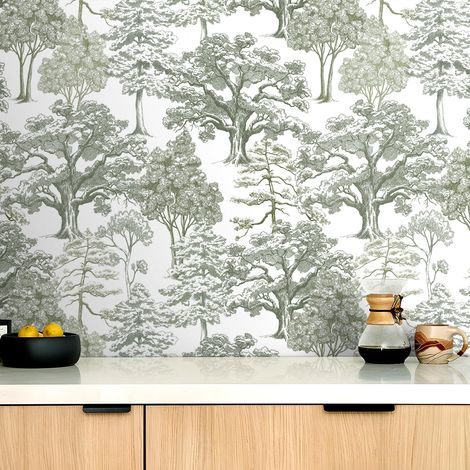 Papier Peint Toile de Jouy Vert Gris Clair Blanc 44.5CMx7M Papier Peint Autocollant Mural Chambre Adulte Salon Rouleau Adhesif pour Meuble Vintage Paysage Foret Papiers Peints Arbre Jungle (1/5)