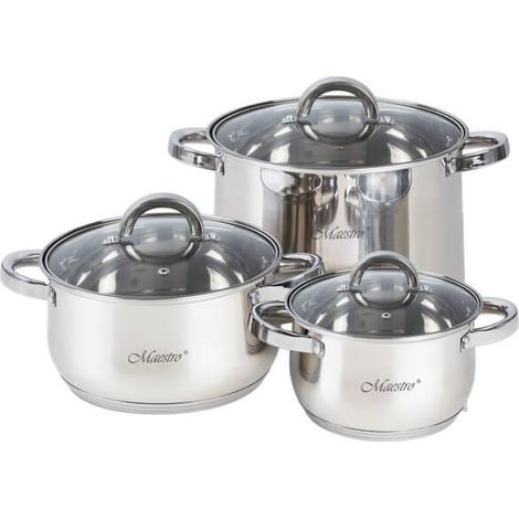 Maestro MR-2120-6L Batería de Cocina Acero Inoxidable, 6 Piezas, Inducción, 3 Cacerolas, 3 Tapas de Cristal, Apta Para Todo Tipo de Cocinas, Apta Lavavajillas (1/5)