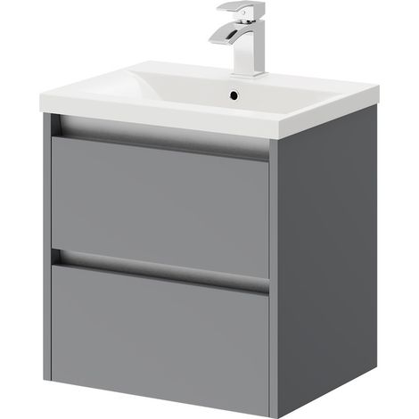 City Gloss Grey 500mm Wall Mounted 2 Drawer Vanity Unit and Basin with 1 Tap Hole (1/5)