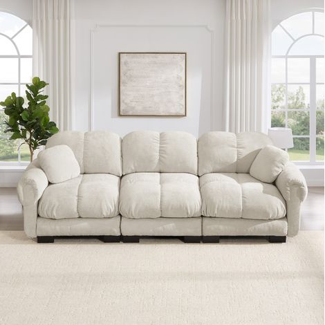 3-Sitzer-Sofa hellkhaki Chenille mit Steppdesign, modularer Gestaltung und 2 Dekokissen (1/5)
