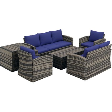 Outsunny 6 Pieces Rattan Garden Furniture Set, 7 Seater Wicker Outdoor Furniture Set with Storage Tea Table & Side Table, Sectional Garden Sofa Set with Cushions, Navy Blue