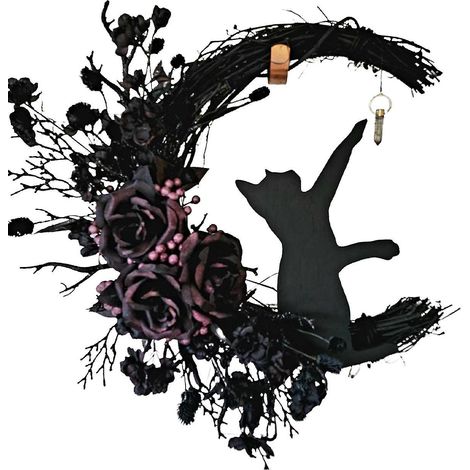 Mondkatzen-Kranz für Halloween, Türdekoration, Zweige, Kätzchen, Kunstblumen, Mondkatzen-Kranz - A9 (1/5)