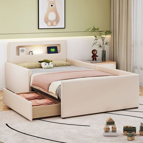 Lit avec rangement 90x200, tiroirs spacieux lit une personne, rembourré cuir synthétique, veilleuse, ports USB, sécurité renforcée (1/5)