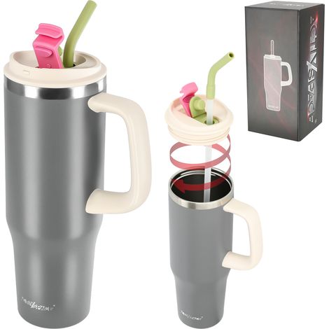Tazza termica con manico in cannuccia per caffè o tè, a prova di perdite, 1200 ml - grigia
