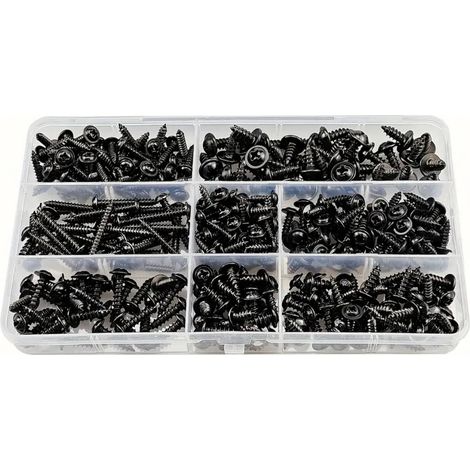 340 Pièces Vis Autotaraudeuses Cruciformes Noires avec Rondelle Intégrée, Tête Ronde, Kit de Fixation pour Bois, Plastique et Métal - Usage Domestique et Bricolage (1/5)