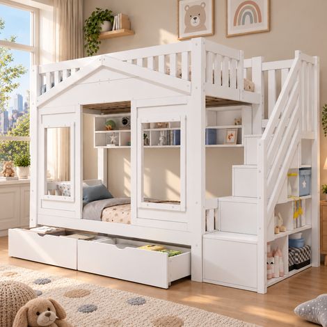 Lit superposé, lit mezzanine, lit enfant 90x200cm avec protection antichute et escalier de rangement, lit junior, avec fenêtre, bois massif, blanc (1/5)