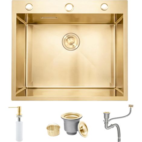 Évier de cuisine, en acier inoxydable 304, 55 x 50 cm, Petit Évier de cuisine, Encastrable, avec 3 Trous Pour Robinet et Trop-Plein, Siphon, Distributeur de Savon, Or Brossé (1/5)